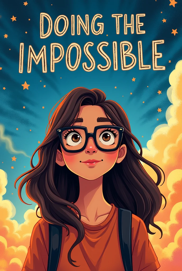 Create a written book cover "doing the impossible" with a teenage character with long dark brown hair, wearing square black glasses, with dark brown eyes shining