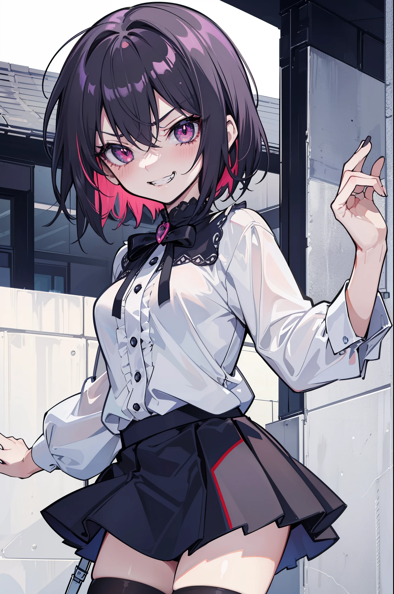 (best quality:1.2), (highest quality:1.2), (perfection:1.1), (flawless:1.1), urban street, 1girl, (evil, dominant look:1.2), (scary grin:1.1), (:1.1), dark blouse, short skirt, blushing, colorful short hair, small breasts, (best quality eyes:1.1), highly detailed, 8k, best quality resolution, (most beautiful upscale:1.1)