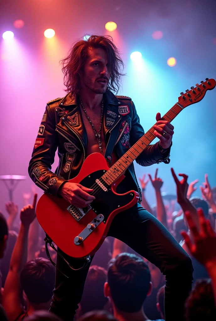 Rocker playing red telecaster fender in a stage