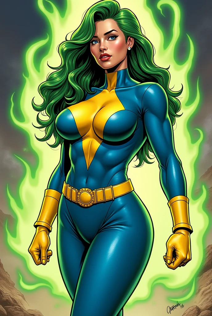 Lorna Dane, polaris x-men, (sexy profile side win pose:1.6), (busty and voluptuous body) , (green thick wavy long hair:1.4), (huge breast:1.6), wearing a blue costume, big yellow in the chest and stomach, with yellow xmen belt, yellow glowes, yellow boots, (screenshot of a beat em up videogame), (she's surrounded by a green energy:1.5), (comic style:1.4)