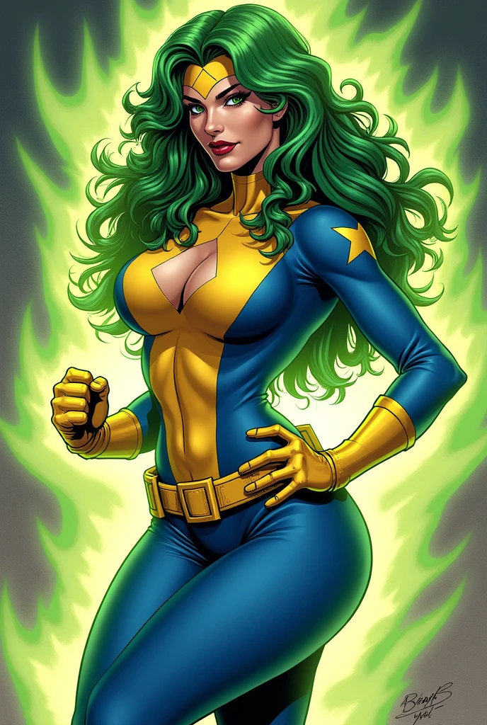 Lorna Dane, polaris x-men, (sexy profile side win pose:1.6), (busty and voluptuous body) , (green thick wavy long hair:1.4), (huge breast:1.6), wearing a blue costume, big yellow in the chest and stomach, with yellow xmen belt, yellow glowes, yellow boots, (screenshot of a beat em up videogame), (she's surrounded by a green energy:1.5), (comic style:1.4)
