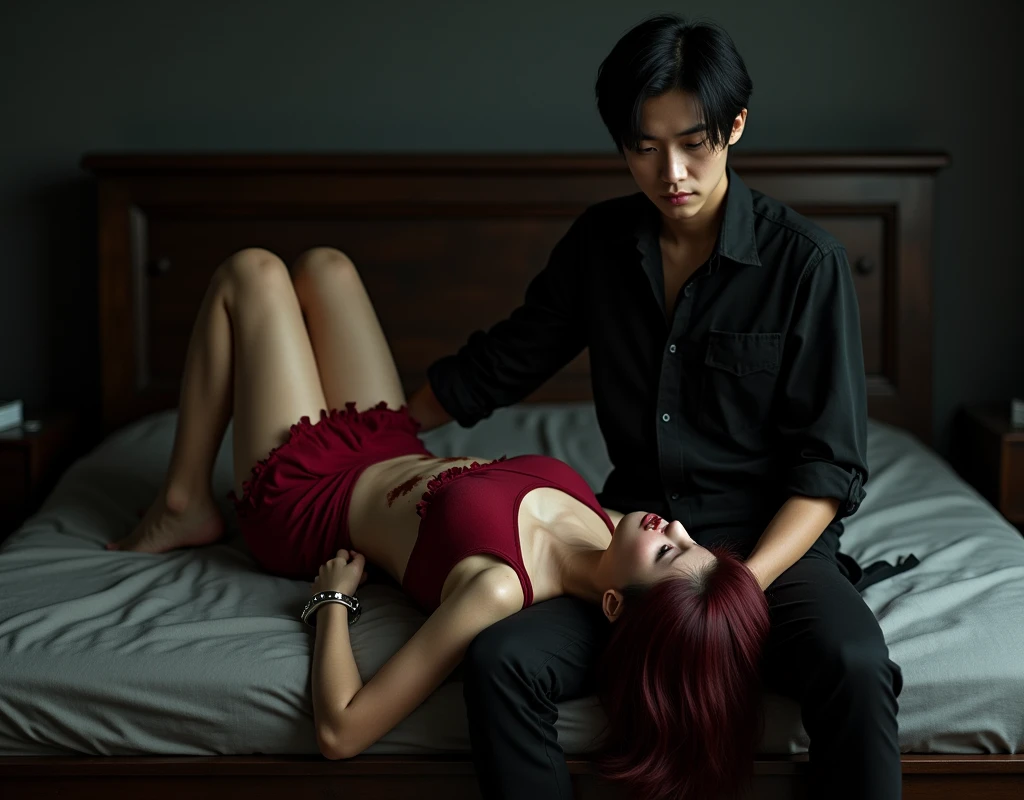 Small pale-skinned woman, lying supine on dark wood zataku, open bleeding bite wound rib cage, vibrant maroon hair, lying supine, pained expression, handcuffs on wrists and ankles, arms pulled back, vibrant maroon side-parted wavy medium-length hair, light skin, red midriff top, matching shorts, 190 cm tall, young man with black bowl cut, side-swept bangs, Chinese-Korean-Japanese features, black shirt, business vest, black pants, sitting on floor next the dark wood zataku, intense expression, blood on lips and mouth, minimalistic black and grey bedroom, dark lighting, photorealistic, cinematic.