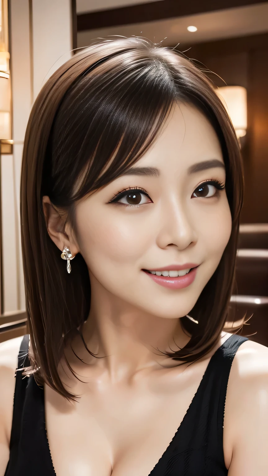 One Japan、40 years old、Elegant black long、Hairstyle with visible ears、Beautiful Face、Double eyelids、Beautiful Eyes、Thin and high nose、smile、Watching the audience、Mouth slightly open、Bust up photo、background:hotel lobby、(uhd, anatomically correct, textured skin, best quality, 8k)