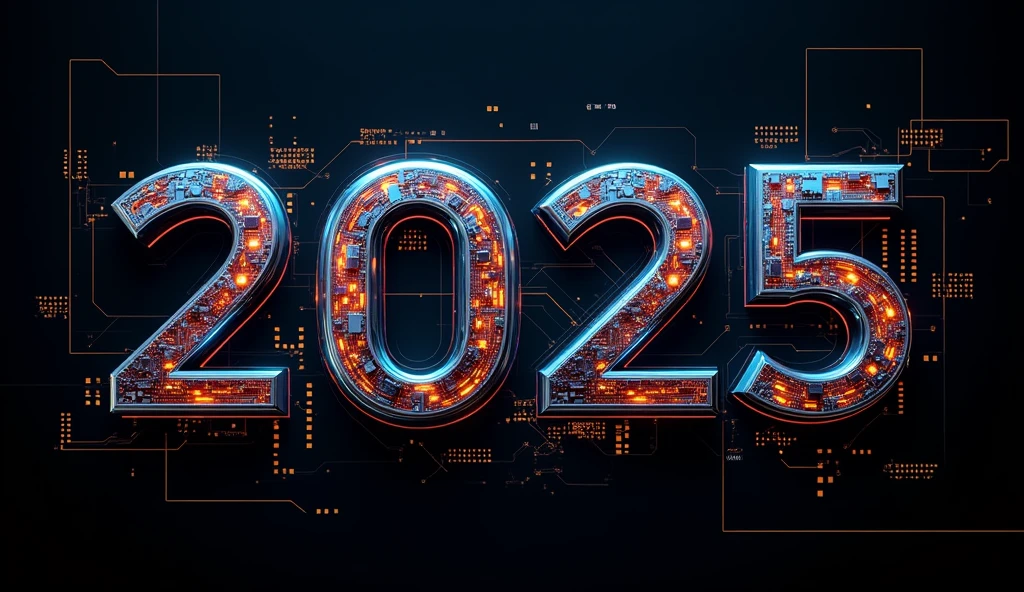 Generate a logo that says "2025" with a futuristic and robotic design in the background on black technologies