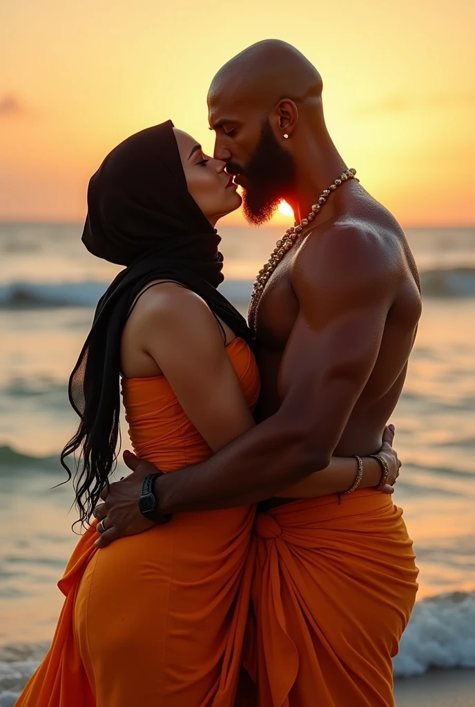 Big breasts wearing saffron saree black hijab, muscular Hindu pandit, kissing in the ocean 