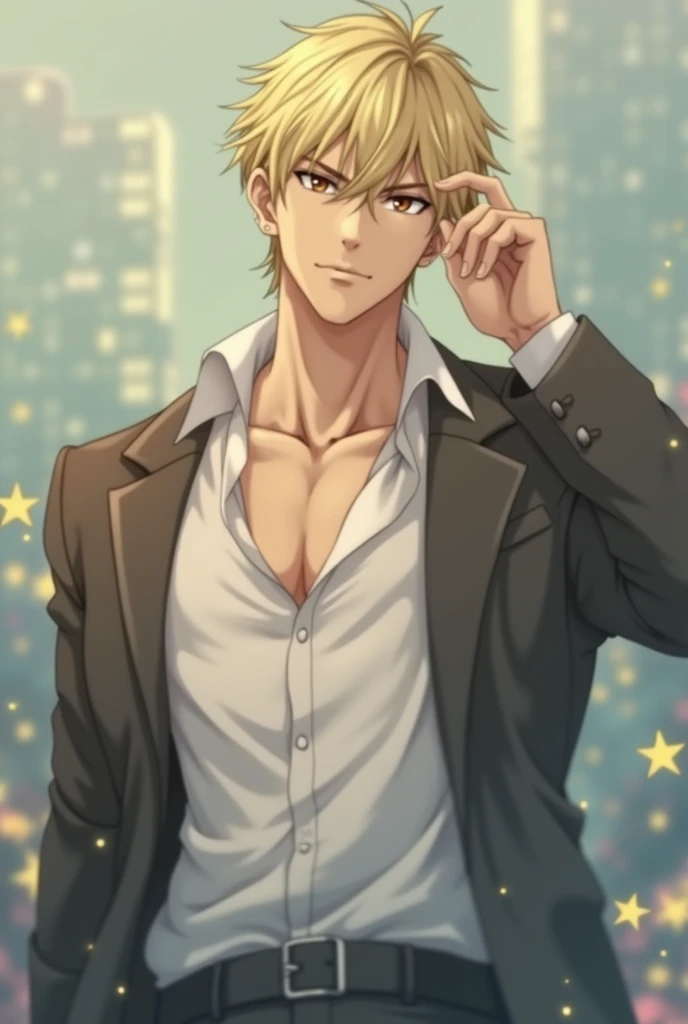 blond guy with brown eyes, high, накаченное Beautifulе тело, Beautifulе лицо аниме-арт, masterpiece, realistically, Beautiful