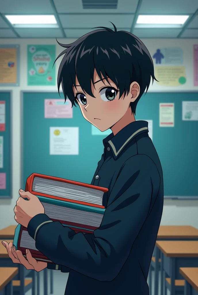 an introverted high school boy, with dead fish eyes, black hair styled to the right, In anime style, sem muitos detalhes, simple anime.