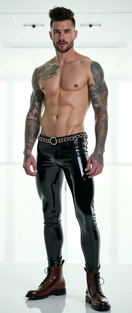 Fullbody standing picture of white skin Handsome muscular nude horny sexy gay man wearing skinny tight shiny latex suit, shiny black Disconnected Pompadour oiled hair style, blue eyes, shiny varnished vinyl brown shoes, brown belt, red lip, chain, tattoos, horny, cum shot, sperm, milking penis, very big penis, very big testicle, shiny oiled skin, orgasm, oversexed, masturbation, standing at white lighting show room.