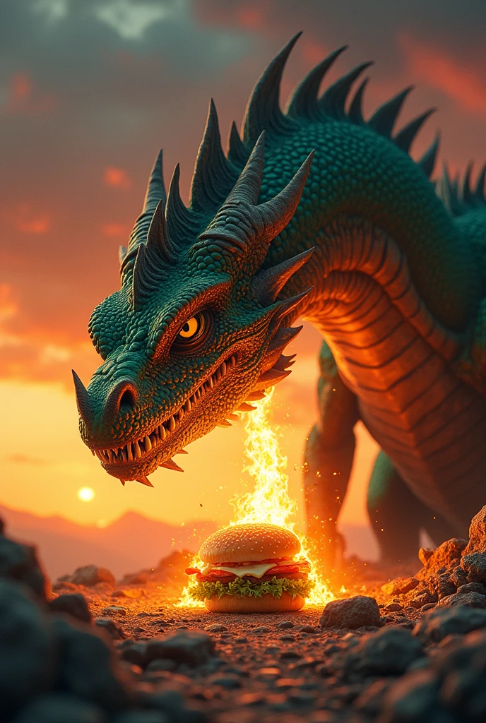 I need a serious full-body dragon spitting a jet of flames at a small McDonald's-style sandwich