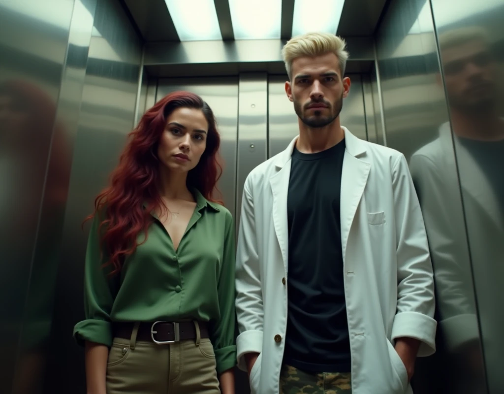 short statured Caucasian woman, wary expression, vibrant maroon side-parted long wavy hair, soft green silk blouse, low-rise black pants, black boots, standing in elevator, to her side is an imposing 216 cm tall Arab-Egyptian young man, short platinum blond wavy swept-back crew cut, long black stubble, white lab coat, black t-shirt, black cargo pants, black boots, cinematic lighting.