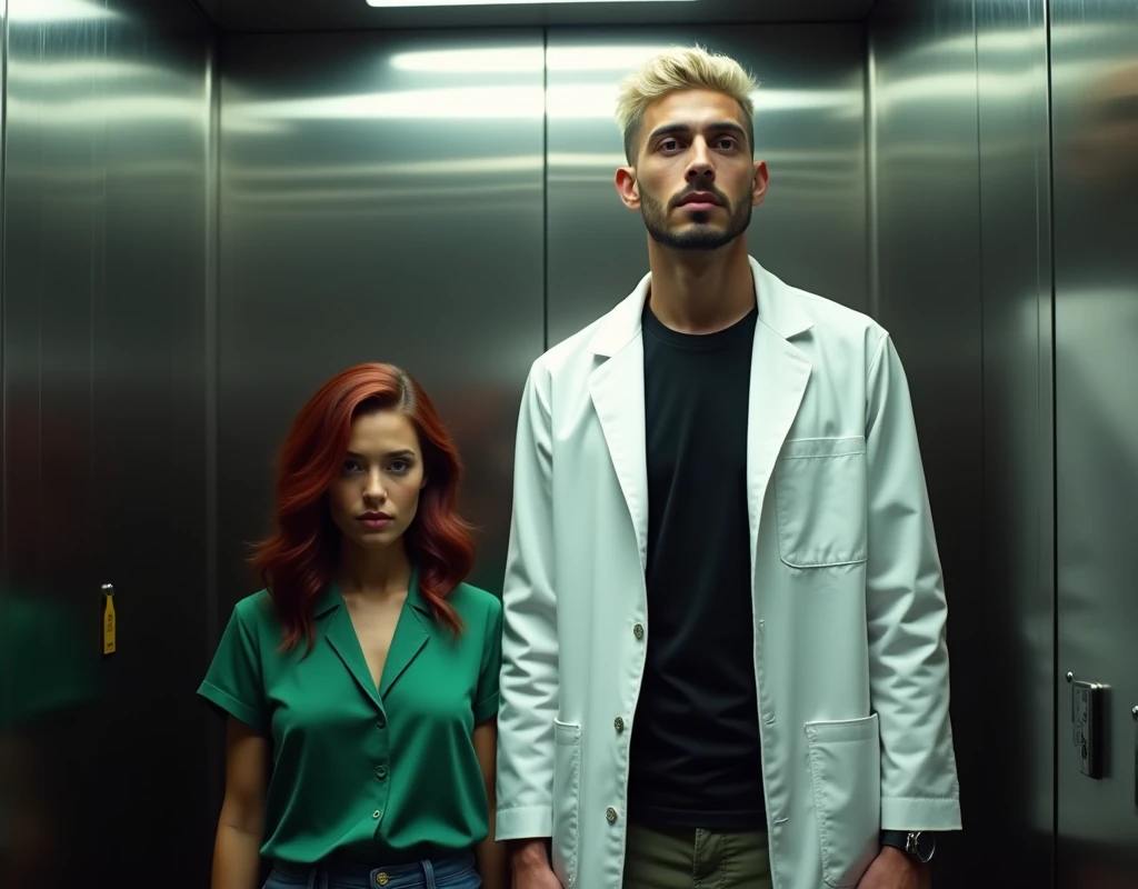 short statured Caucasian woman, wary expression, vibrant maroon side-parted long wavy hair, soft green silk blouse, low-rise black pants, black boots, standing in elevator, to her side is an imposing 216 cm tall Arab-Egyptian young man, short platinum blond wavy swept-back crew cut, long black stubble, white lab coat, black t-shirt, black cargo pants, black boots, cinematic lighting.