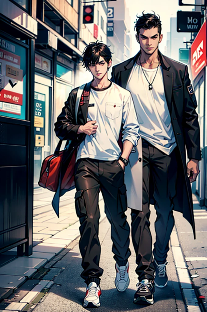 make a teenage character with black hair with a white shirt a brown overcoat and black cargo pants and sneakers 