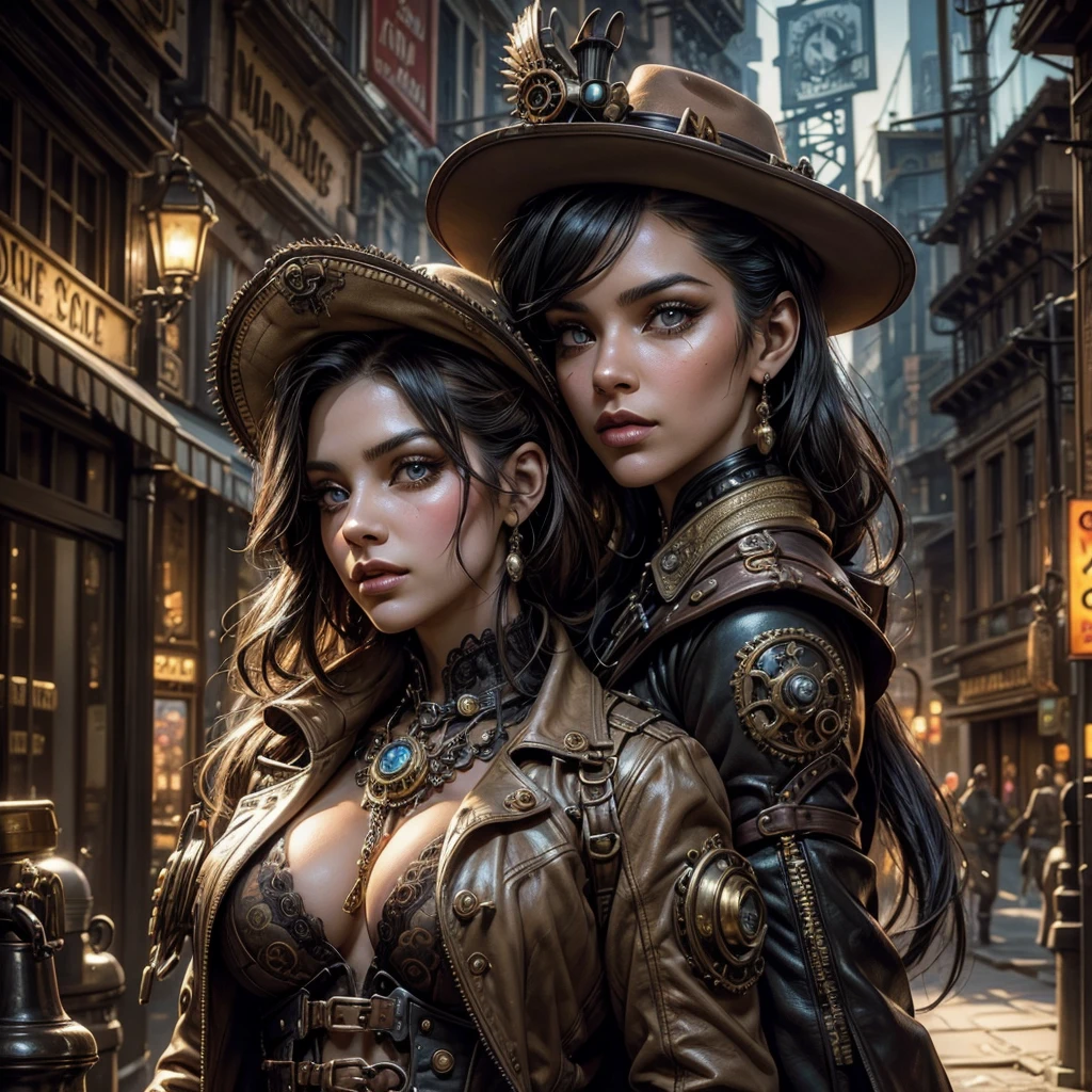 a sexy female confronting a grotesque and surreal-looking wanted criminal in a Western steampunk village, detailed facial features, beautiful detailed eyes, beautiful detailed lips, extremely detailed eyes and face, long eyelashes, beautiful detailed skin, intricate steampunk outfit, ornate and detailed steampunk village background, dramatic lighting, cinematic composition, photorealistic, 8k, ultra-detailed, masterpiece, digital art, concept art, vibrant colors, dramatic shadows