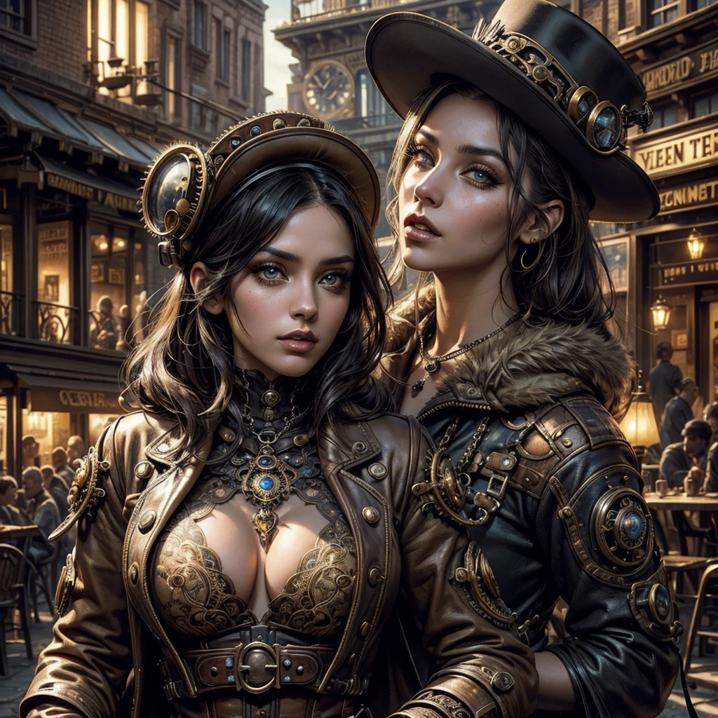 a sexy female confronting a grotesque and surreal-looking wanted criminal in a Western steampunk village, detailed facial features, beautiful detailed eyes, beautiful detailed lips, extremely detailed eyes and face, long eyelashes, beautiful detailed skin, intricate steampunk outfit, ornate and detailed steampunk village background, dramatic lighting, cinematic composition, photorealistic, 8k, ultra-detailed, masterpiece, digital art, concept art, vibrant colors, dramatic shadows