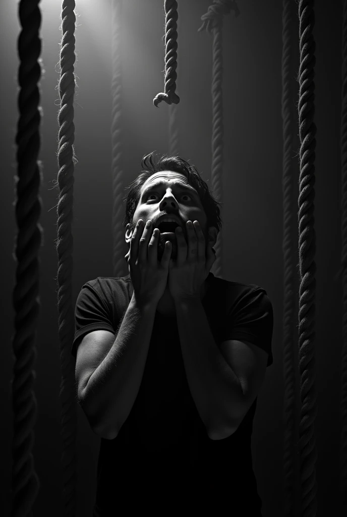 Create an image representing life and death with the face of a suicidal man., with a look of horror, em um ambiente escuro, only with black and white colors, shocking that makes you admire and also feel fear and reflect on death. May it have ropes hanging on all sides.
 