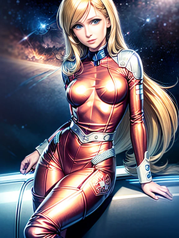 1 jeune femme, 25 ans, very blonde, souriante, yeux bleus clairs, Long messy hair, grande, anatomie parfaite, Very small breasts, tight red full space suit, bottes blanches, ceinture hitech blanche, debout