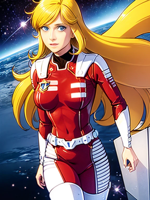 1 jeune femme, 25 ans, very blonde, souriante, yeux bleus clairs, Long messy hair, grande, anatomie parfaite, Very small breasts, tight red full space suit, bottes blanches, ceinture hitech blanche, debout