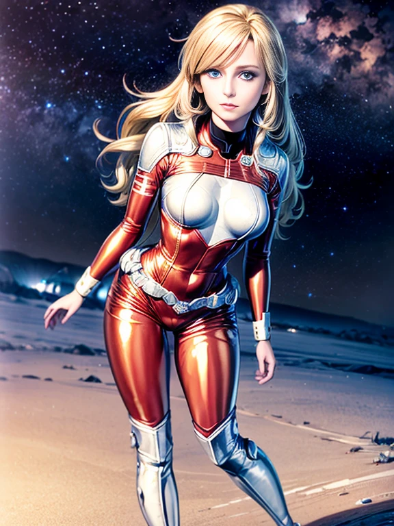 1 jeune femme, 25 ans, very blonde, souriante, yeux bleus clairs, Long messy hair, grande, anatomie parfaite, Very small breasts, tight red full space suit, bottes blanches, ceinture hitech blanche, debout