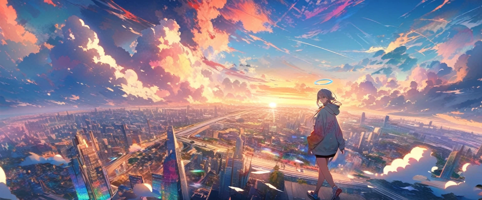 angelic, detailed woman who is walking, woman wearing hoodie, a halo of angels above the woman, city, road, sunrise, horizon, in the sky, city of clouds,colorful,high-res,8K)