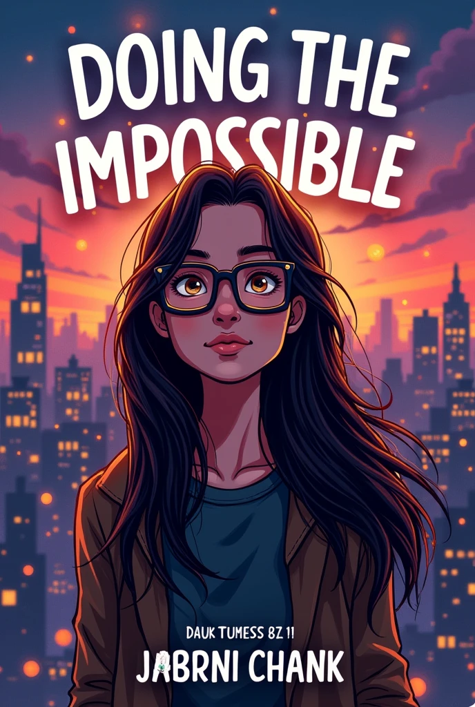 Create a written book cover "doing the impossible" with a teenage character with long dark brown hair, wearing square black glasses, with dark brown eyes shining