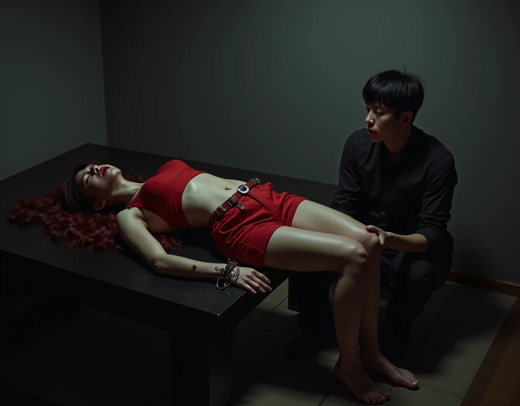 Small pale-skinned woman, lying supine on dark wood zataku table, open bleeding bite wound rib cage, vibrant maroon hair, lying supine, pained expression, handcuffs on wrists and ankles, arms pulled back, vibrant maroon side-parted wavy medium-length hair, light skin, red midriff top, matching shorts, 190 cm tall, young man with black bowl cut, side-swept bangs, Chinese-Korean-Japanese features, black shirt, business vest, black pants, sitting on floor next the dark wood zataku table, intense expression, blood on lips and mouth, minimalistic black and grey bedroom, dark lighting, photorealistic, cinematic.