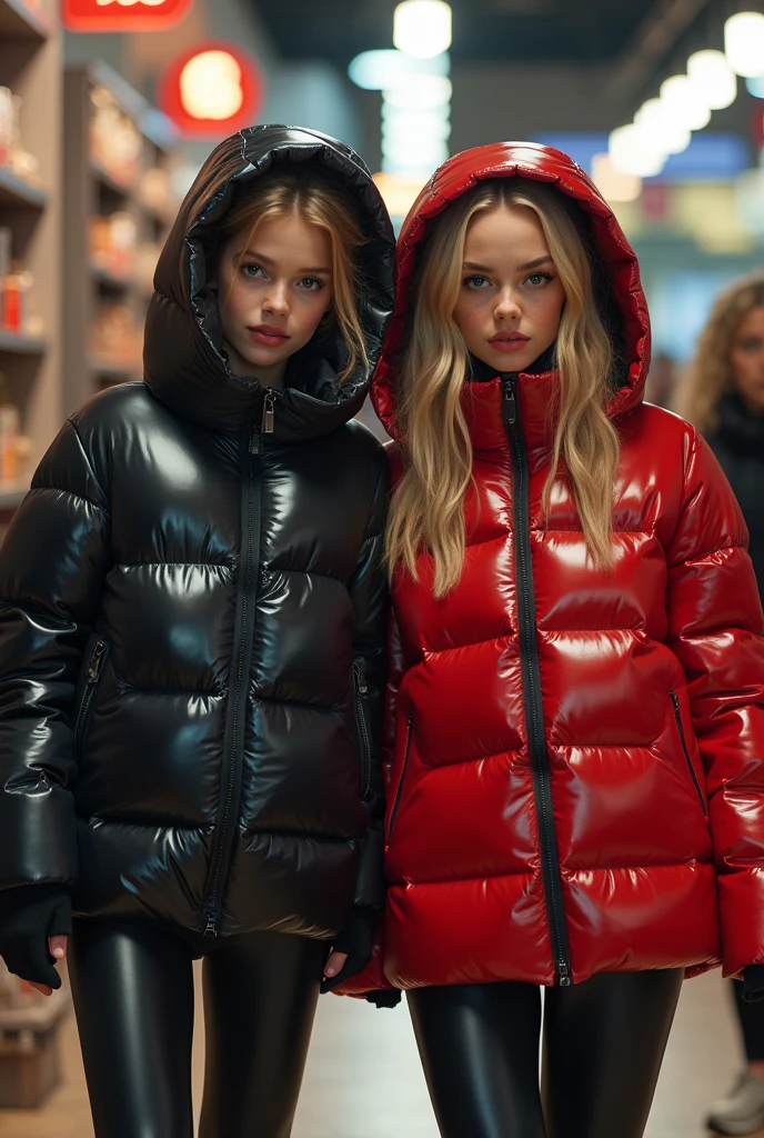  a slim ponytail 16 year old girl and her bestie walking in a pufferstore,beautiful detailed eyes,beautiful freckles,beautiful detailed lips,extremely detailed eyes and face,longeyelashes, wearing beautiful detailed skintight airtight hood covering her head formfitting duvetica overfilled shiny super gleamy  thick glossy puffervest covering over her  padded high-collared pufferjacket, glossy latex  leggings,symmetrical,masterpiece,cinematic,lifelike,hyperrealistic,8k,photorealistic,highly detailed,intricate,exquisite,elegant,beautiful,stunning