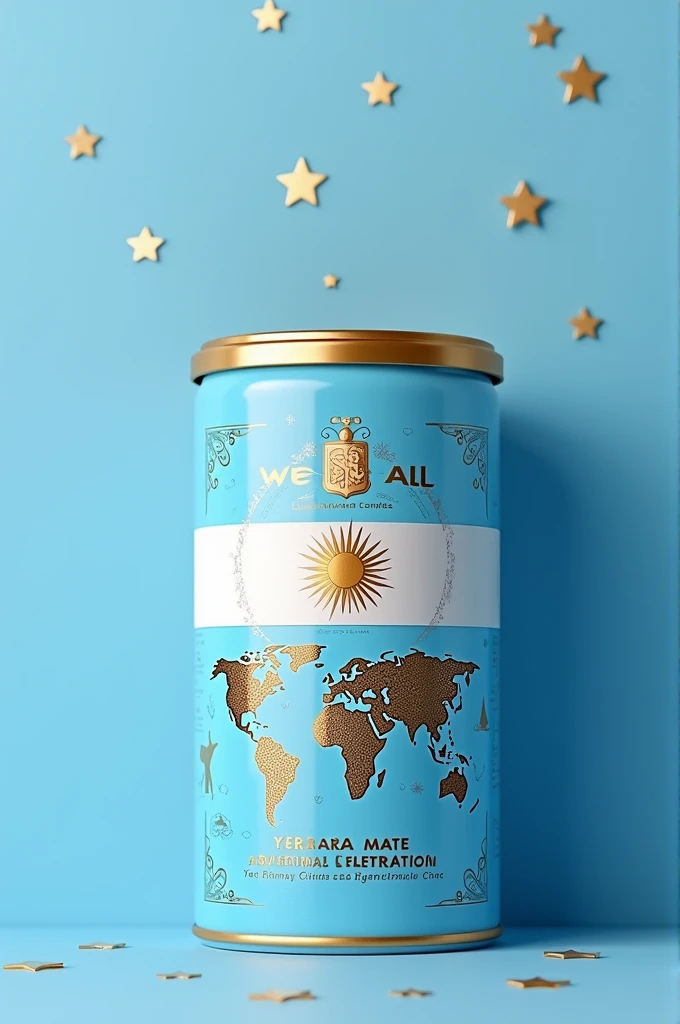 Create an image of a yerba mate packaging called "we are all" sky blue, white and gold, that has a relationship with Argentina, world champion