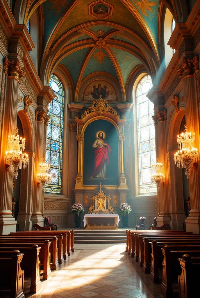 Rococo church,interiors,There is a Christian oil painting on top,Luxury,High- sharpness,and the sun was shining brightly,be full of details