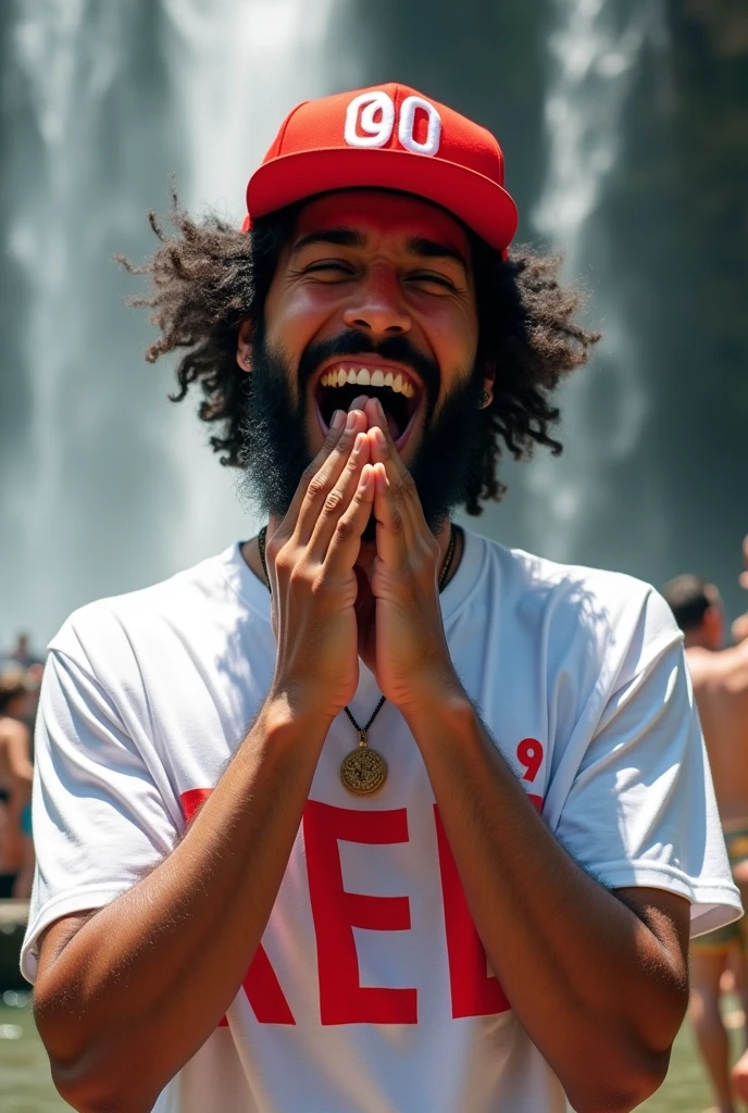 DJ with big eyes and real happiness, shouting with both hands between his mouth, crooked teeth, failed with a full medium beard , thin tall and dark big hair ,wearing a red cap with red 09 logo , white t-shirt with red colored Dj Red 09 logo realistic waterfall background image