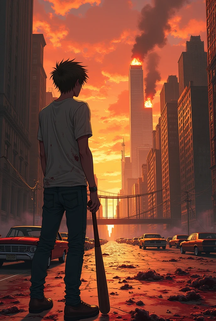 Back of Adult Anime Male Character Dirty Clothes, blood-stained people, A baseball bat-wielding figure stands below, looking up at the desolate cityscape., dilapidated, The towering buildings engulfed in flames.
Crumbling down, On the road are abandoned damaged cars lying in the wrong place on the road ahead., above is a big bridge, after the monster pandemic