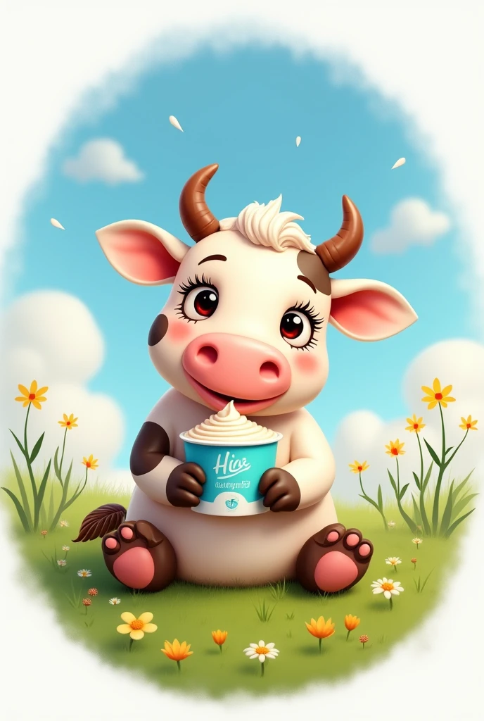 drawing of a cute cow sitting down with long eyelashes holding a yogurt container, round image