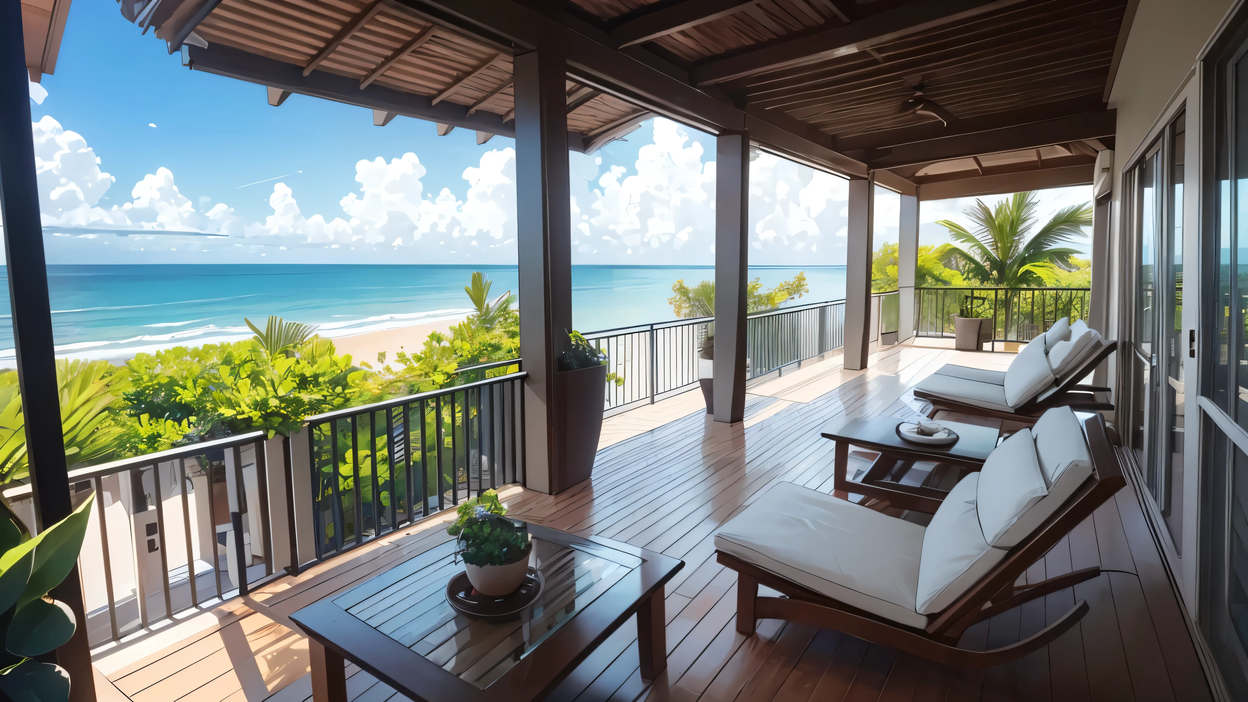 A serene balcony overlooking the sea, designed to evoke relaxation and tranquility. The background features comfortable seating arrangements, such as plush chairs or a cozy lounger, positioned to maximize the view of the ocean. Natural sunlight bathes the space, creating a warm and inviting atmosphere. The balcony railings are stylish and unobtrusive, allowing an unobstructed view of the waves and horizon. Lush greenery or potted plants add a touch of nature, enhancing the peaceful ambiance of the setting.