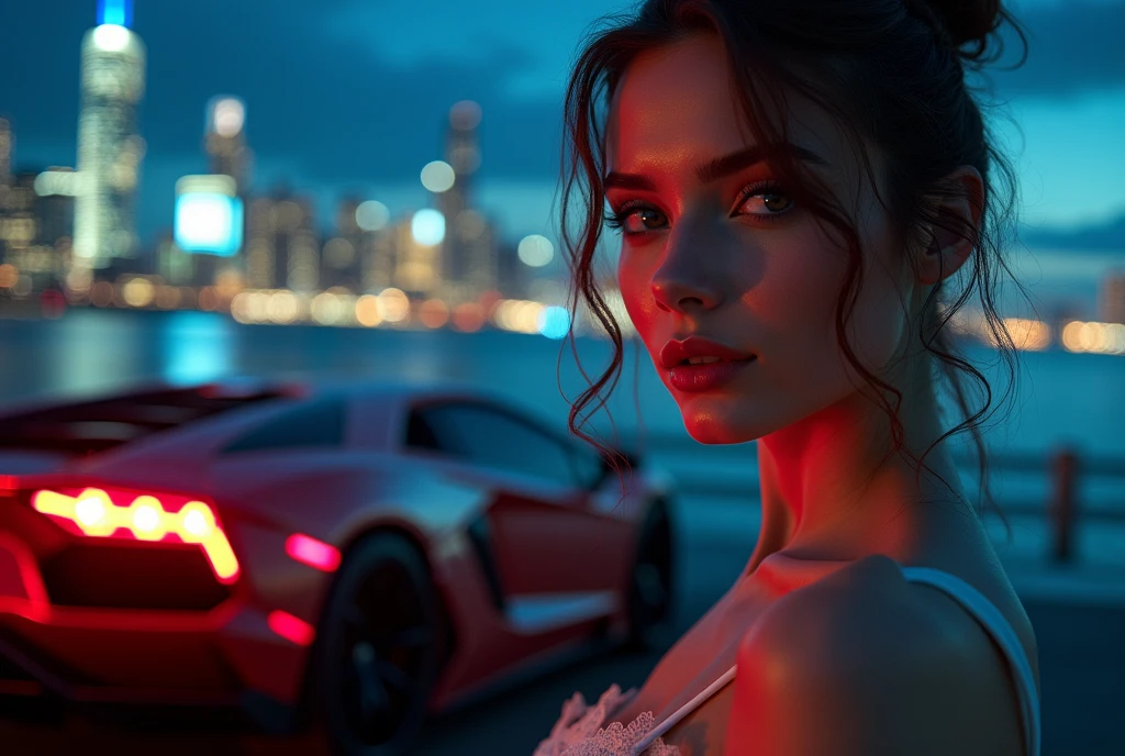 (Car photography), Beautiful girl posing next to luxury sports car, detailed face, delicate features, stunning skyline cityscape, night scene, dramatic lighting, cinematic composition, (best quality, 4k, 8k, highres, masterpiece:1.2), ultra-detailed, (realistic, photorealistic, photo-realistic:1.37), HDR, UHD, studio lighting, professional, vivid colors, bokeh, concept art