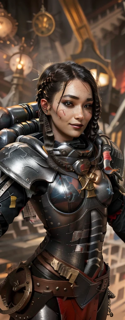 Photo of adepta sororitas, argent shroud, full armor, full metal armor, Christina Chong beautiful face, narrowed eyes. smirk. black braided hair with narrowed eyes, wearing intricate ornamented metal armor, stern face,, solo, (female:1.2), epic, platinum white armor, white pelvic curtain, bronze trimmings, , facial scar, iron halo, ((upper body:1.3)) focus, close-up, banner background,
