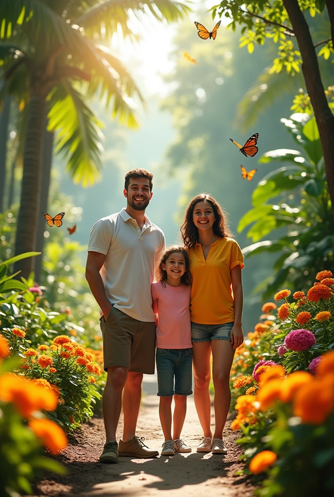 A family in a lush tropical garden, capturing the harmonious beauty of natural flowers, showing off your natural charm and outgoing personality.