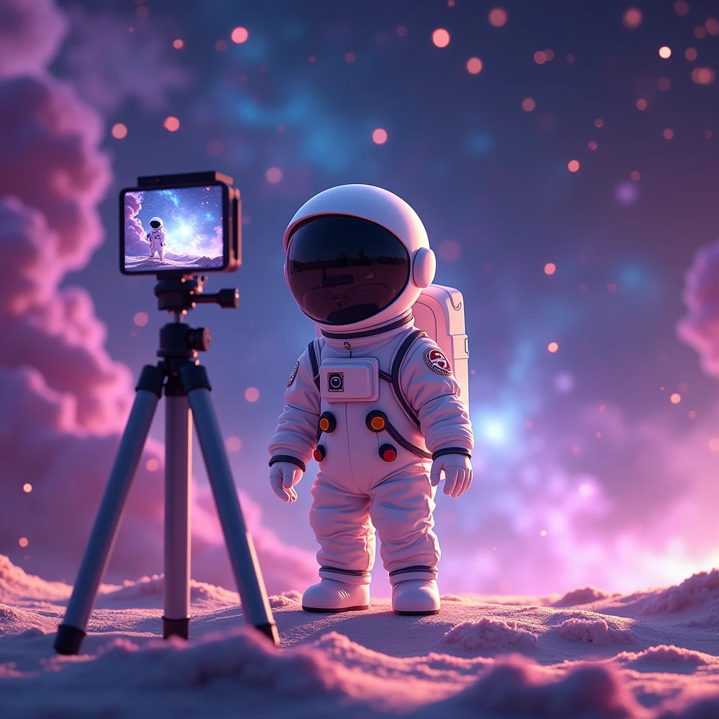 a little human astronaut avatar, of UGC creator wearing a white astronaut costume capturing his own video with a tripod is placed in front of him showing his reflection inside the camera screenof tripod in galaxy with purple gradient bACKGROUND