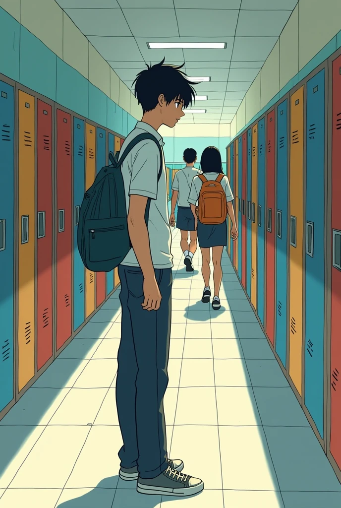 an introverted high school boy, with dead fish eyes, black hair styled to the right, in style of manga, sem muitos detalhes, Simple manga.