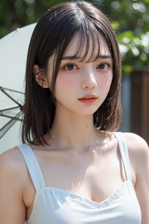 (Highest quality, 4K, masterpiece :1.3), Beautiful woman, One person, sexy :1.1, Dark brown hair: 1.1, (It rained and I got wet, Raindrops, Wet body :1.2), White tank top, Highly detailed face, Detailed lips, Detailed eyes, double eyelid