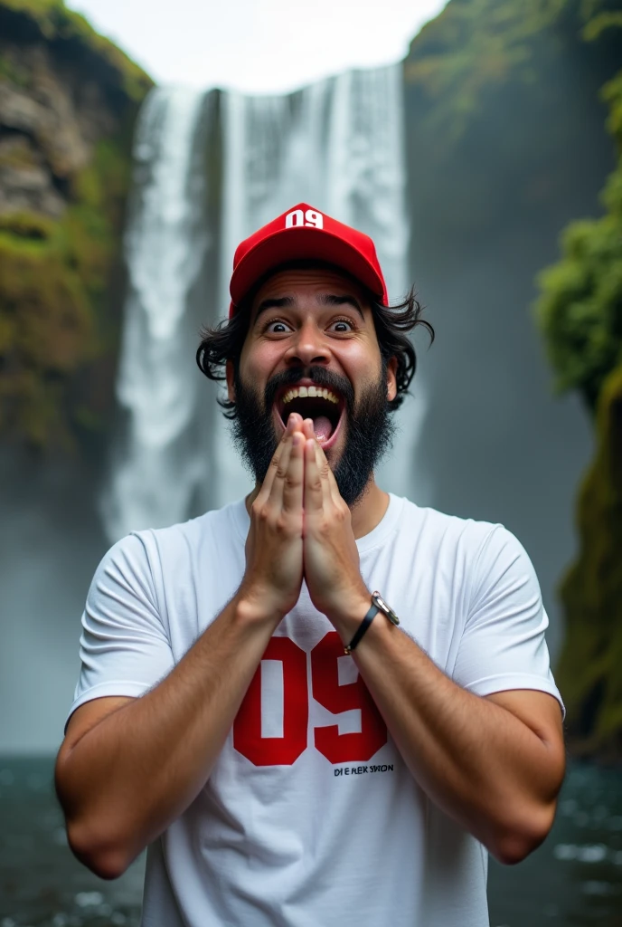 dj big and real eyes of happiness screaming with both hands between mouth , crooked teeth failed, with and medium full beard , thin tall and dark big hair ,wearing a red cap with red 09 logo , white t-shirt with red colored Dj Red 09 logo realistic waterfall background image