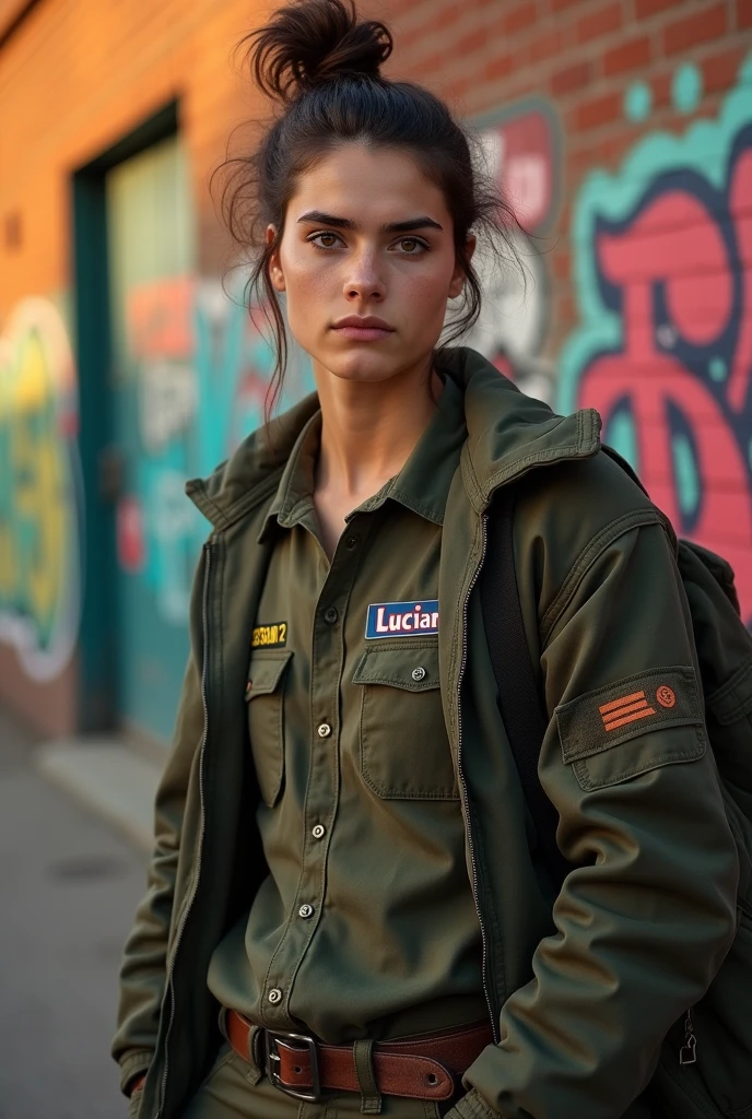 Young man 26 years old, brunette medium hair tied up, eyes browns, army pants army shirt with the name Lucian written on it, and school jacket