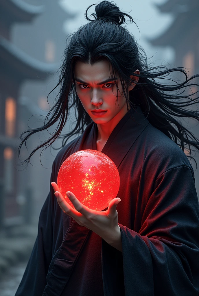 black haired, cold looking man, black eyes, long hair, majestic features, wearing a kimono, holding a glowing red ball of energy in his hand, novel cover.