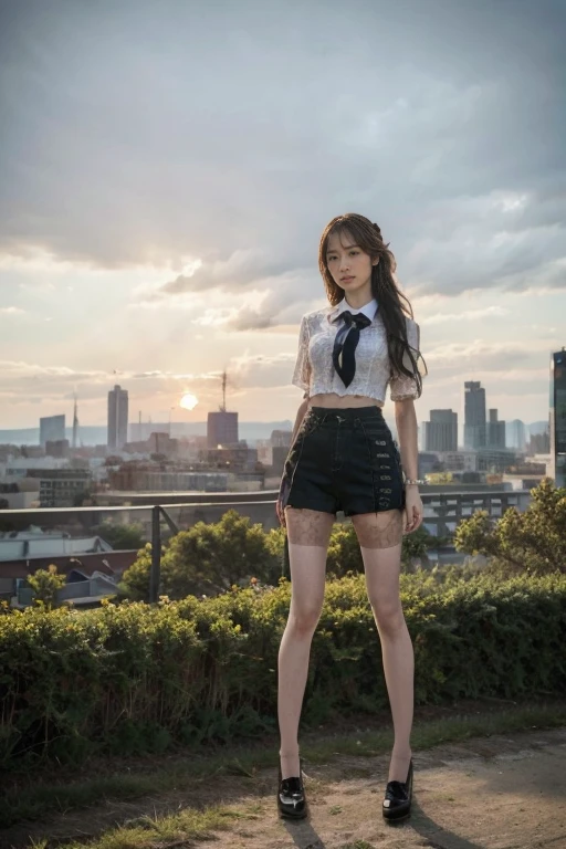 At sunset，Spectacular clouds，(RAW photos, best quality), (Practical, Photo Practical: 1.3), best quality, Very detailed, masterpiece, Ultra Detail, 1 girl, golden body proportions，Very detailed的脸部，Exquisite eyes, Full body portrait, Perfect body，Student uniform tops，Lace shorts，Long legs，pantyhose，Lace ribbon，Long-range shooting, World masterpiece Theater, Stylish_long_hair, best quality, movie stills style，The city skyline stretches endlessly in the background.