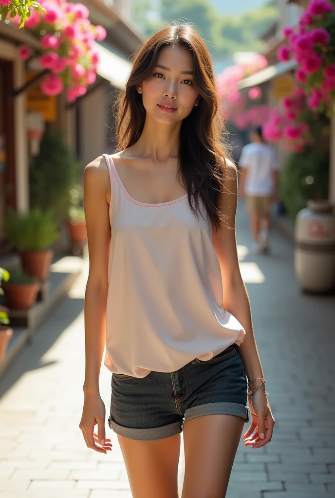 Woman - from Buriram, approximately 160 cm tall. Slender figure with defined curves, wide hips, moderate bust.
Face: Sweet face, full lips, big round eyes, light brown eyes, naturally long eyelashes, thin and slender eyebrows, slightly prominent cheekbones.
Skin color: Honey-toned skin, smooth and healthy looking.
Clothing: wearing a white or pastel colored tank top, dark colored shorts such as black, white sneakers or sandals