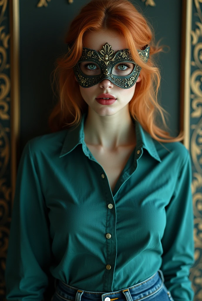 a close up of a woman wearing a mask, dreamy woman, matsumoto rangiku, half body photo, mistress, photoshop render, ebony rococo, elegant girl, female spy, haunting beautiful young woman, detailed face, plump lips, teal button shirt, jeans pants, light orange hair, , beauty girl, very femenine, deep green eyes, dark haze atmoosphere, ambient dust