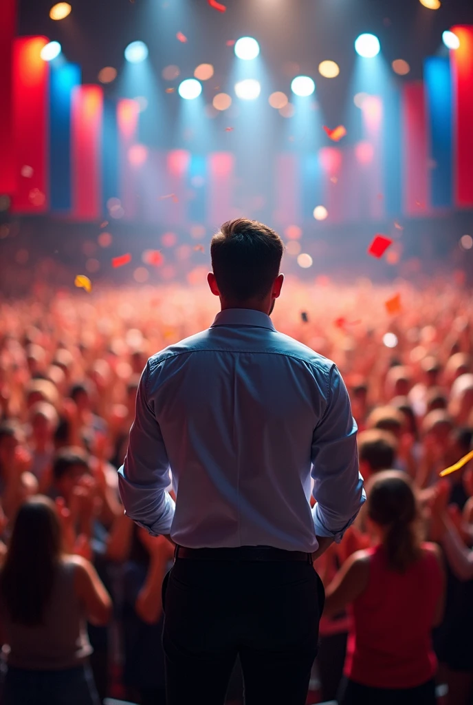 Create an image of a speaker with his back to the camera, wearing a dress shirt , strong 1,70 feet tall with thousands of spectators applauding 
