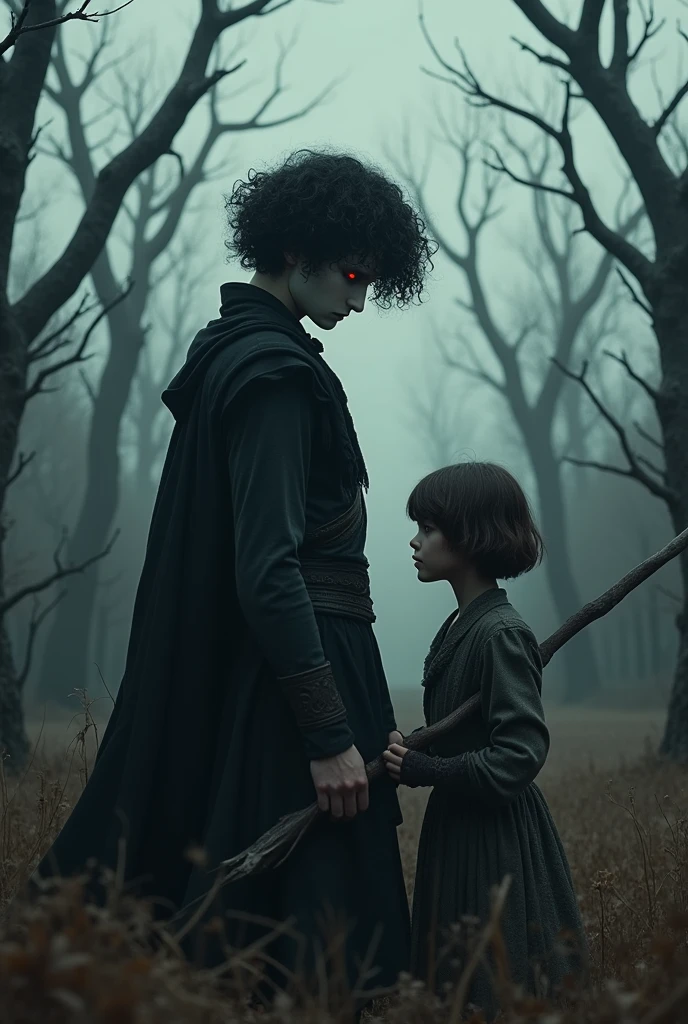 A demon boy with curly hair, red eyes, White skin, He must be handsome and attractive with dark clothes from the old era, High up on a 1.86, standing amidst dry branches and dead trees, looking defiantly at a young woman with short brown hair who carries a spear in her hand and looks fearfully at the boy.