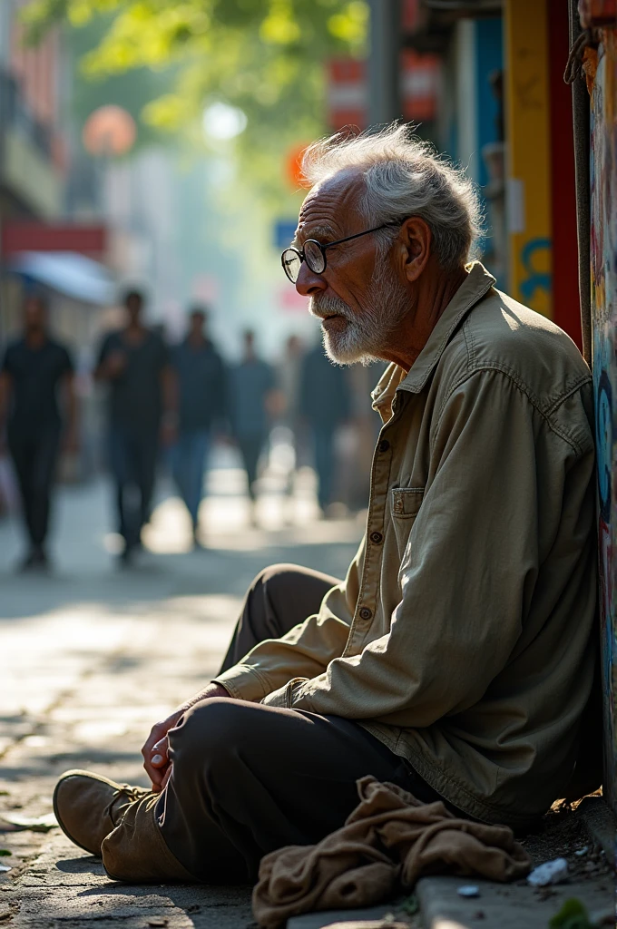 Homeless person with broken glasses