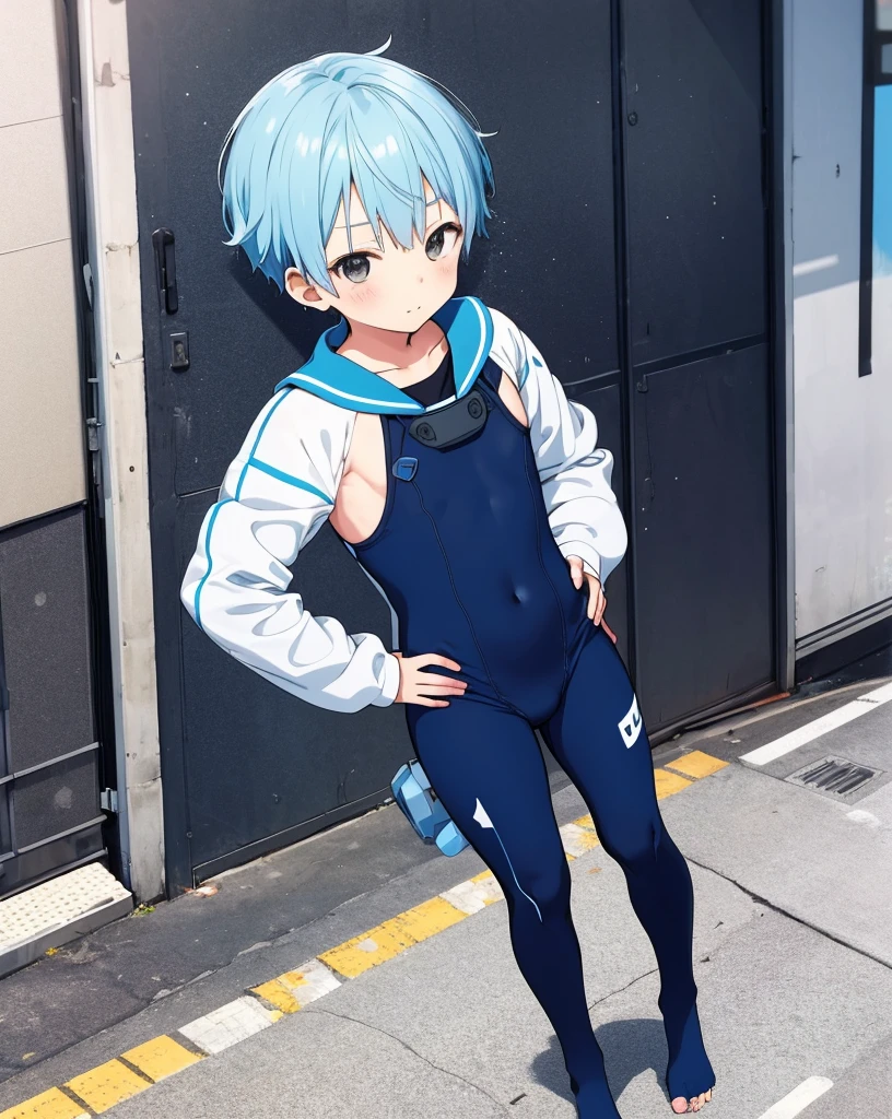 1 boy,Solitary,Blue Hair，One-piece wetsuit, street,Hands on Hips, Hands in pockets,shota,cute，happy，in，Sailor collar