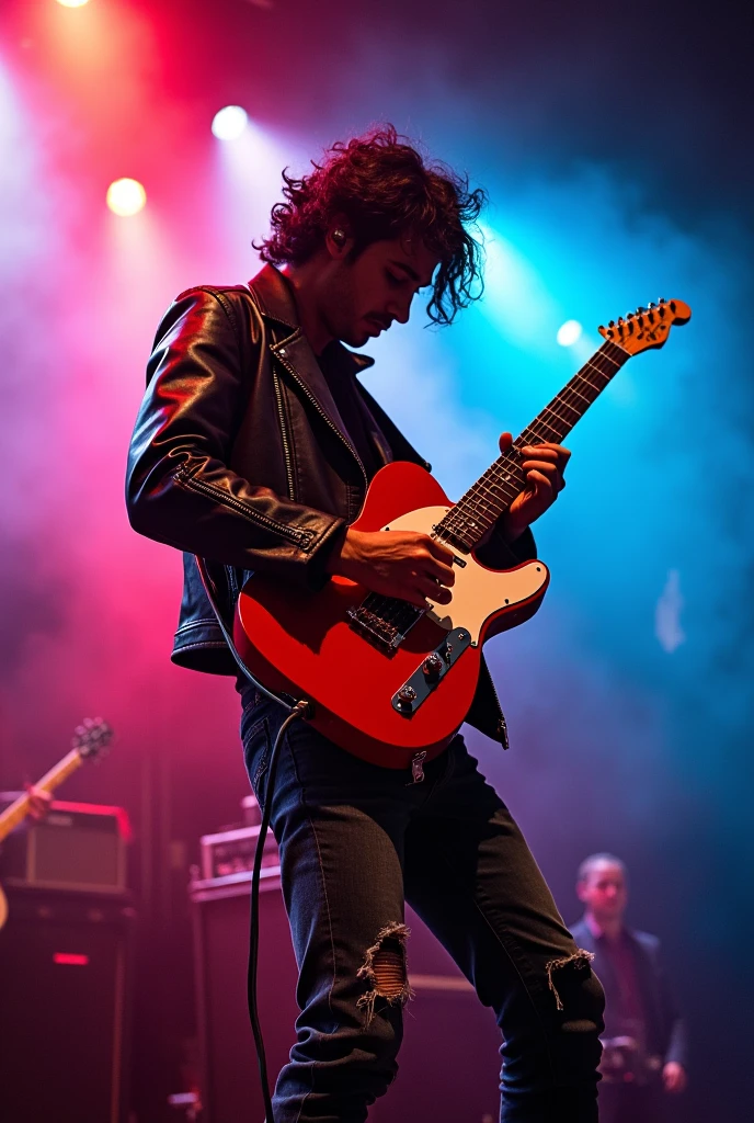 Javier hidalgo playing red telecaster fender in a stage