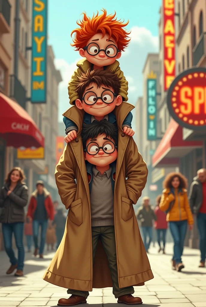 Three kids stacked in a trench coat
